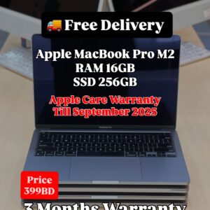 Front view of Apple MacBook Pro 2022 M2 with specifications and price displayed on screen