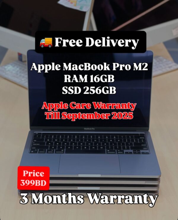 Front view of Apple MacBook Pro 2022 M2 with specifications and price displayed on screen