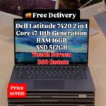 Dell Latitude 7420 front angle with detailed specs and price overlay.