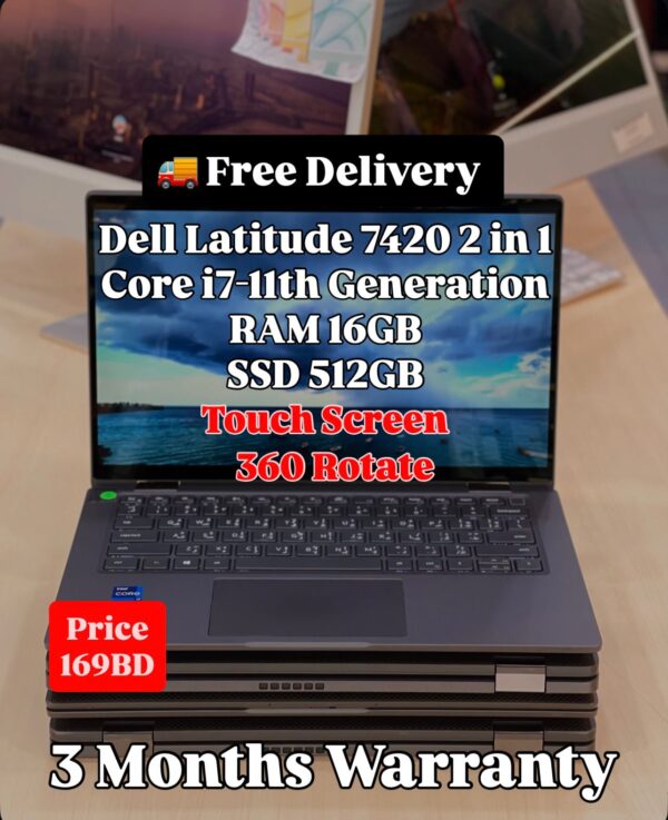 Dell Latitude 7420 front angle with detailed specs and price overlay.