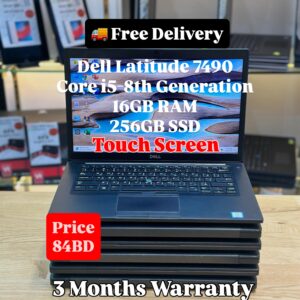 Front view of Dell Latitude 7490 with specifications and price displayed on the screen