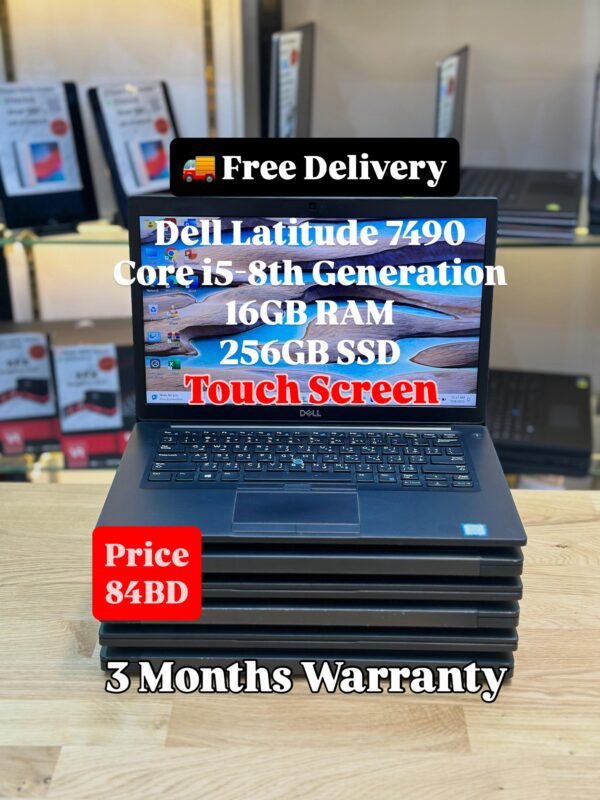 Front view of Dell Latitude 7490 with specifications and price displayed on the screen