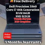 Front view of Dell Precision 3560 with specifications and price displayed on the screen