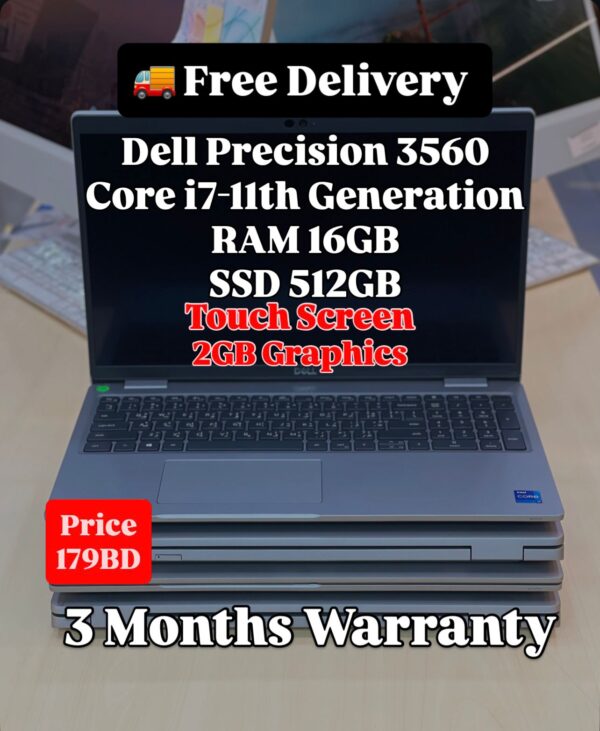 Front view of Dell Precision 3560 with specifications and price displayed on the screen