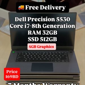 Front view of Dell Precision 5530 with specifications and price displayed on scree