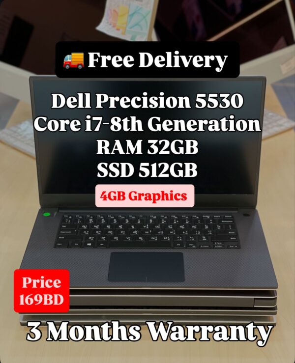 Front view of Dell Precision 5530 with specifications and price displayed on scree