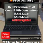 Front view of Dell Precision 7540 showing screen, keyboard, and specifications with price listed.