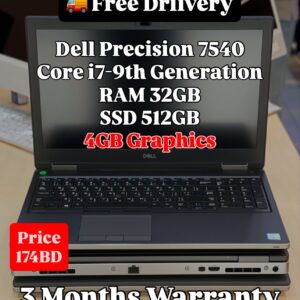 Front view of Dell Precision 7540 showing screen, keyboard, and specifications with price listed.