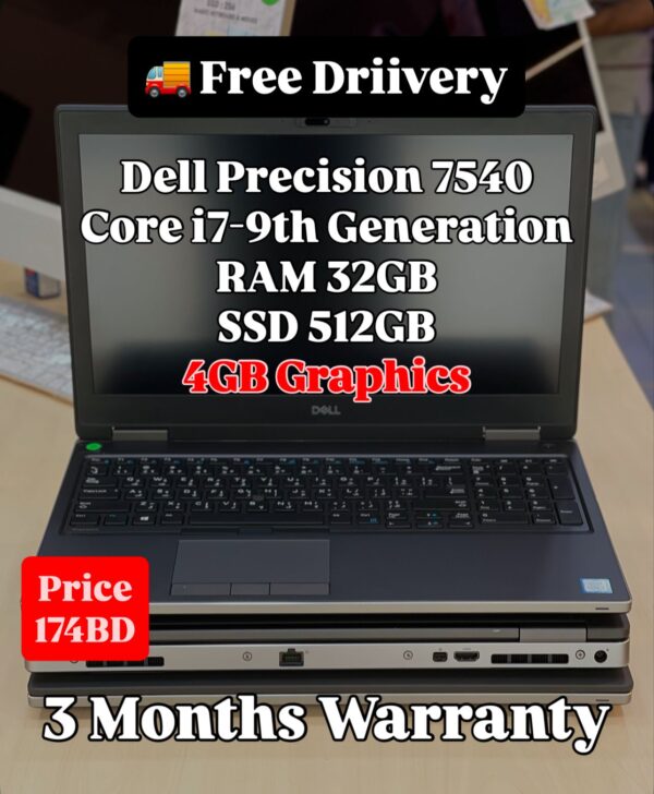 Front view of Dell Precision 7540 showing screen, keyboard, and specifications with price listed.