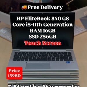 Front view of HP EliteBook 840 G8 with specifications and price shown on screen