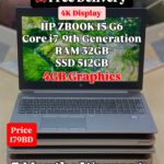 Front view of HP ZBook 15 G6 with specifications and price displayed on screen