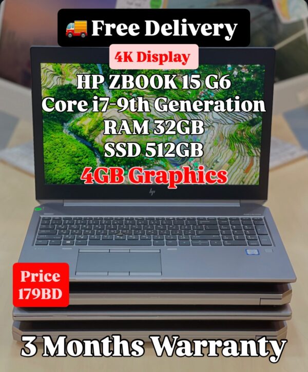 Front view of HP ZBook 15 G6 with specifications and price displayed on screen