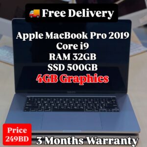 Front view of Apple MacBook Pro 2019 with specifications and price displayed – Core i9, 32GB RAM, 500GB SSD, 15" Retina, 4GB AMD Radeon – BHD 249, SAR 2490