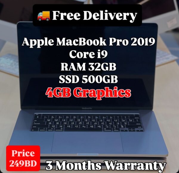 Front view of Apple MacBook Pro 2019 with specifications and price displayed – Core i9, 32GB RAM, 500GB SSD, 15" Retina, 4GB AMD Radeon – BHD 249, SAR 2490