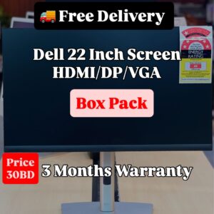 Front view of Dell P2222H 22-inch monitor with pricing and specifications displayed on the screen.