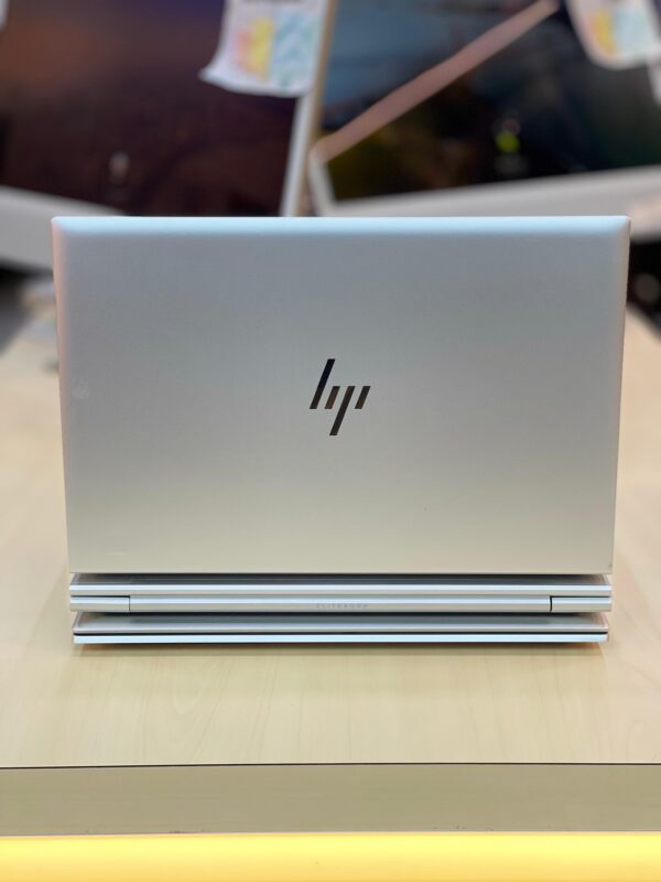 Back view of HP EliteBook 830 G8 – Premium business laptop with silver finish – Core i7 11th Gen, 16GB RAM, 256GB SSD – Price BHD 159.000 / SAR 1,590