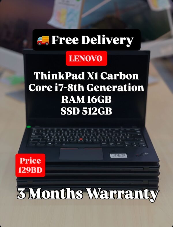 Front view of Lenovo ThinkPad X1 Carbon G6 with specifications and price – Core i7 8th Gen, 16GB RAM, 512GB SSD, 14" Display – BHD 129, SAR 1290