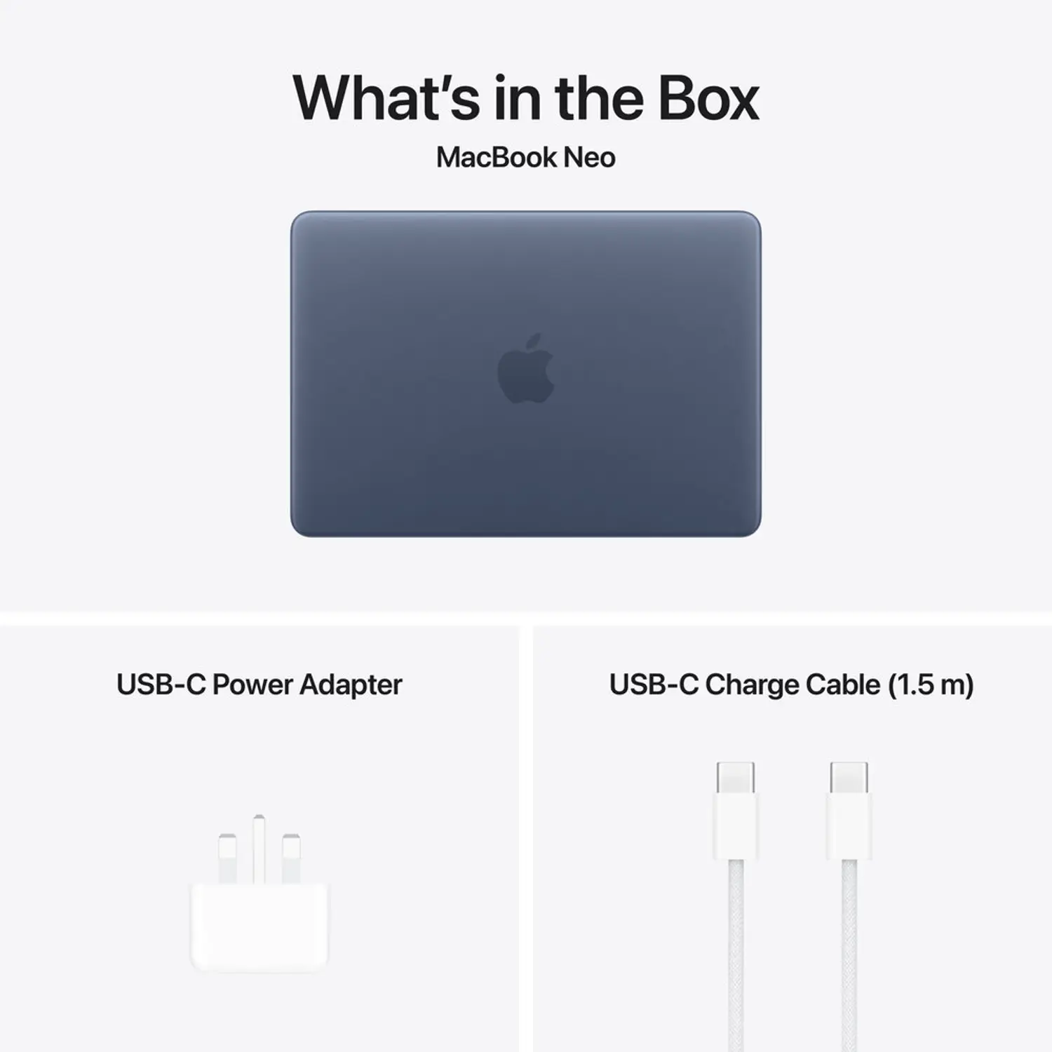 Apple MacBook Neo 13 inch Indigo box contents and accessories